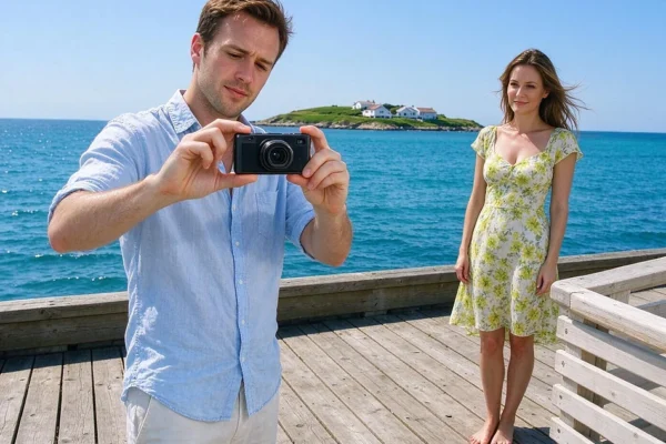 גבר מבוגר מצלם את עצמו בטלפון בטיילת בזמן שבת זוגו ממתינה במרחק קצר